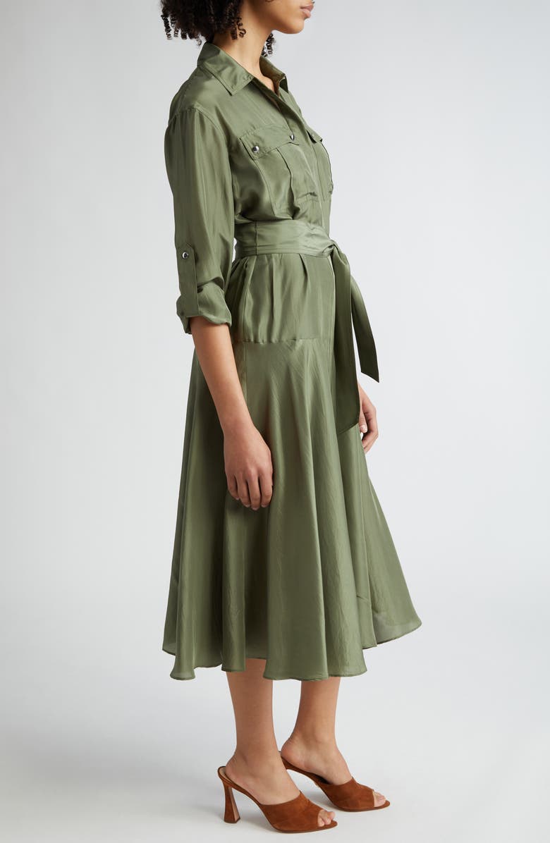 Veronica Beard Camille Tie Waist Long Sleeve Silk Midi Dress, Alternate, color, Stone Army