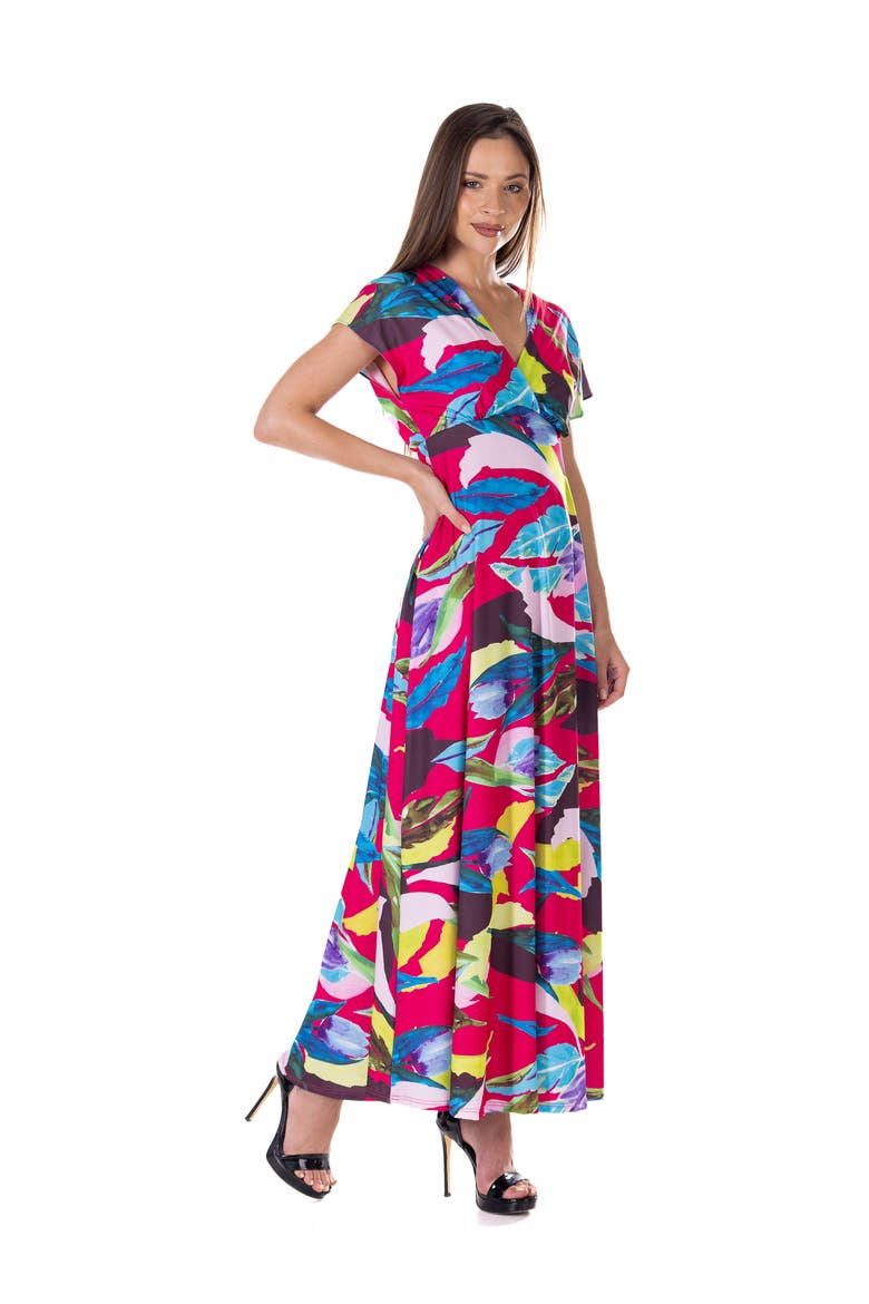 Floral Print V-Neck Empire Waist Cap Sleeve Maxi Dress, Alternate, color, Pink Multi