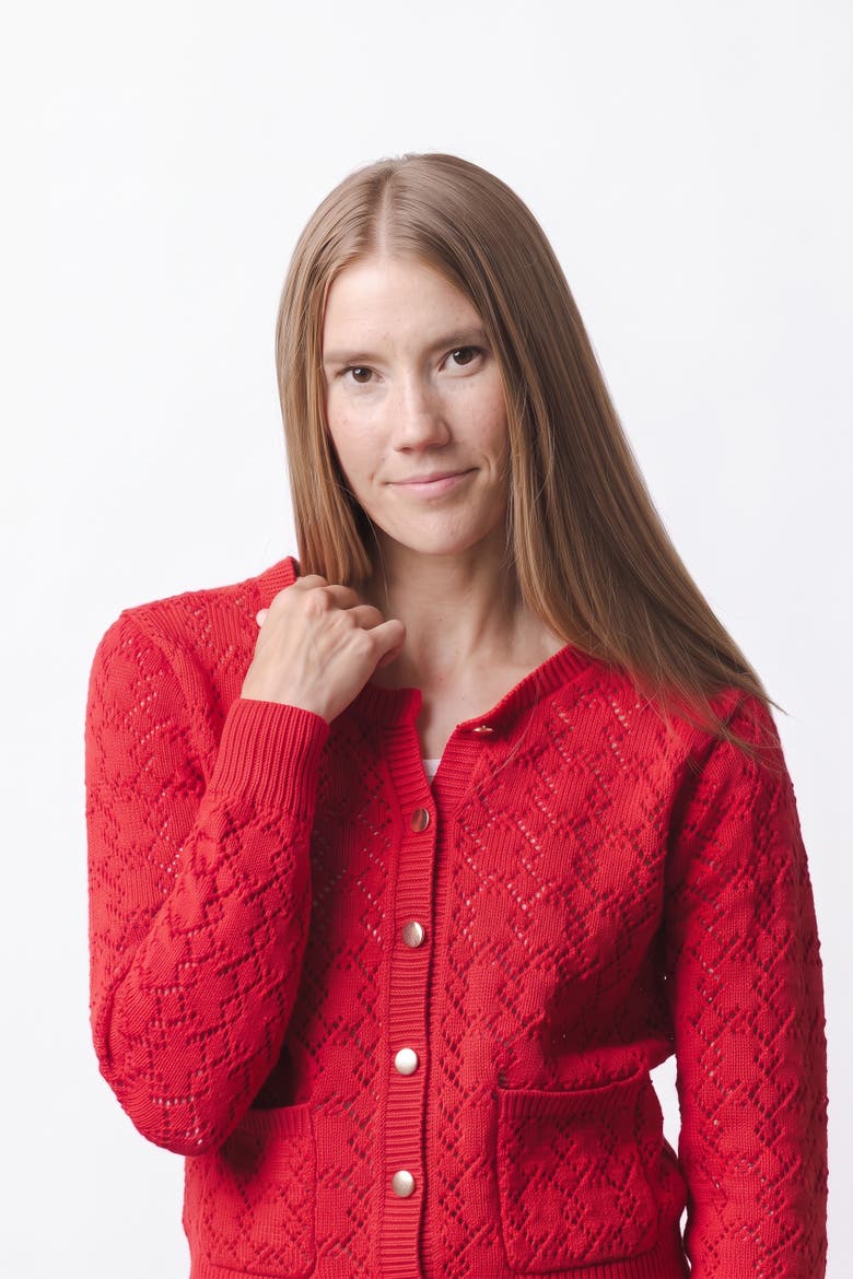 Women's Organic Cotton Pointelle Cardigan, Alternate, color, Red Diamond
