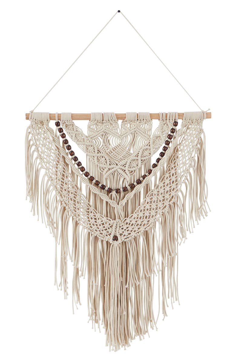GINGER BIRCH STUDIO Cream Cotton Intricately Woven Macramé Wall Decor with Beaded Fringe Tassels, Main, color, White