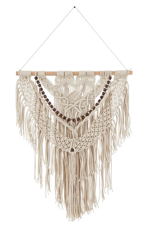 Cream Cotton Intricately Woven Macramé Wall Decor with Beaded Fringe Tassels