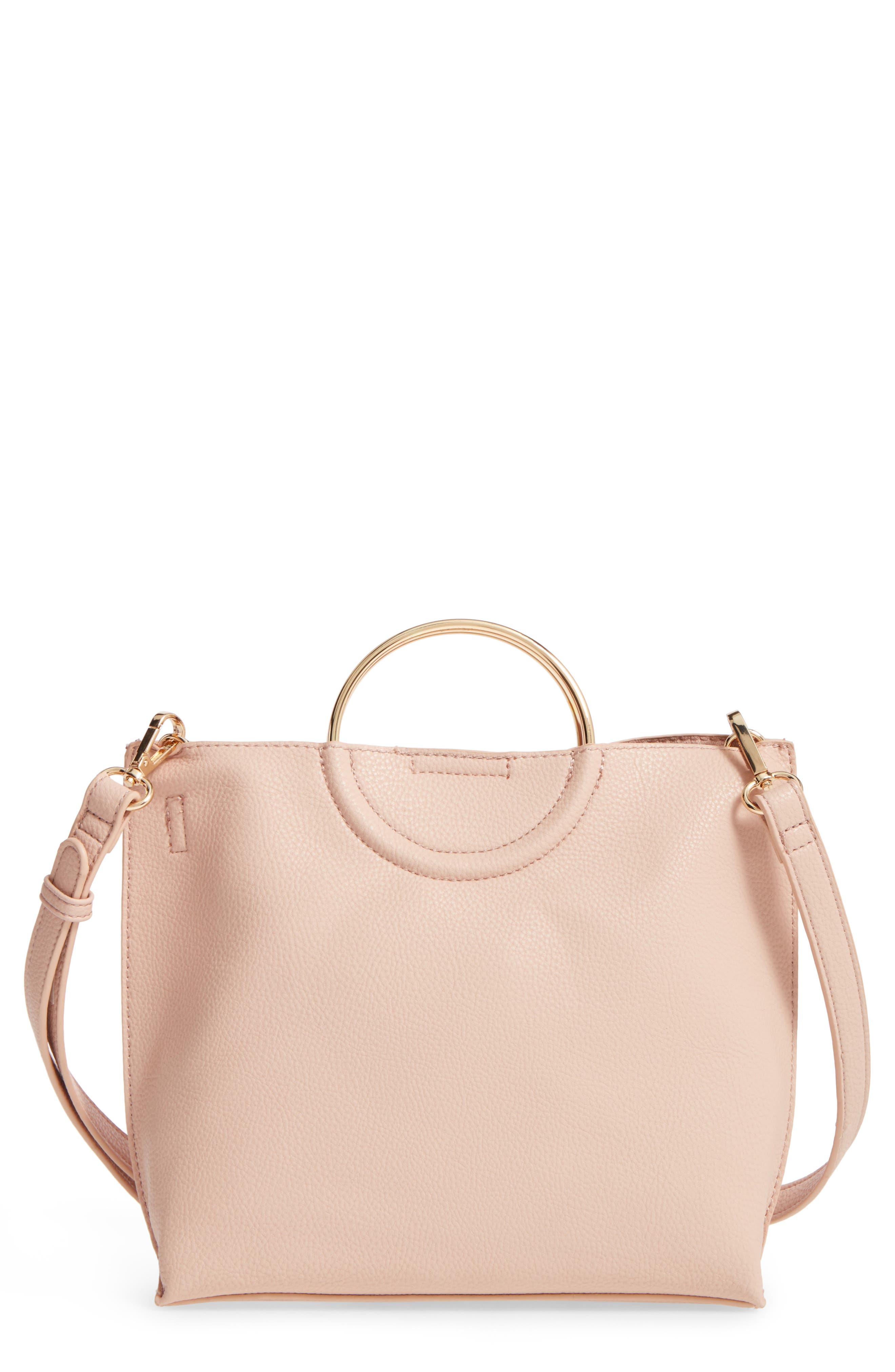 Metal Handle Faux Leather Crossbody Bag, Main, color, BLUSH