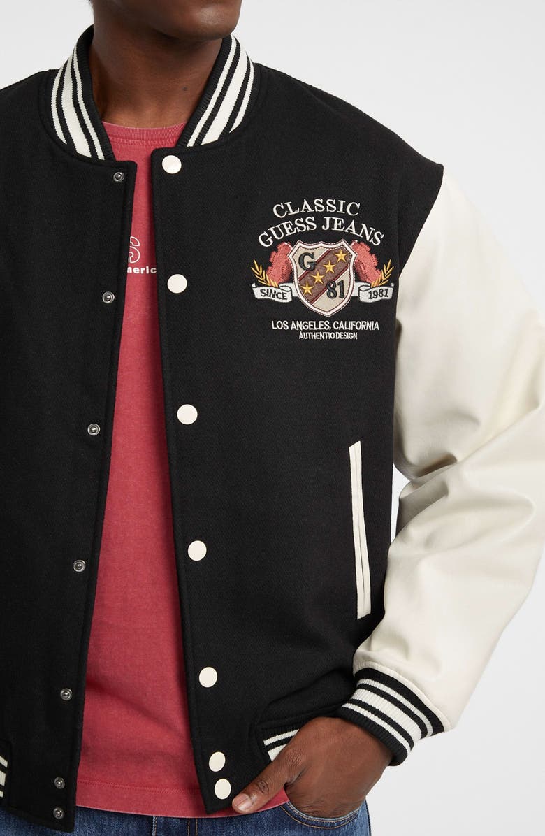 GUESS JEANS Letterman Varsity Bomber Jacket, Alternate, color, Jet Black