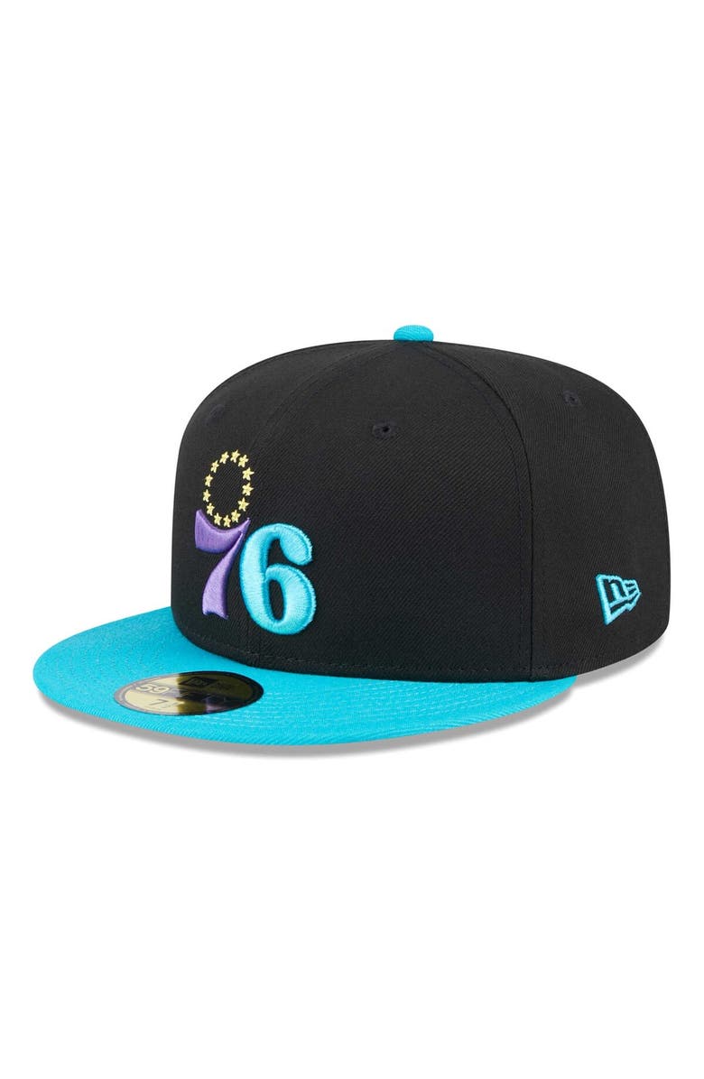 New Era Men's New Era Black/Turquoise Philadelphia 76ers Arcade Scheme 59FIFTY Fitted Hat, Main, color, Black