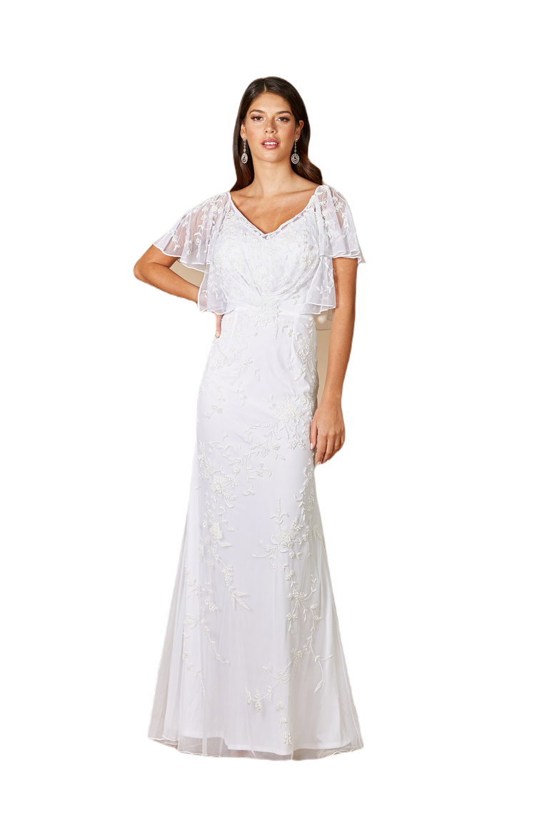 Greyson Beaded Flutter Sleeve Wedding Dress, Alternate, color, Ivory