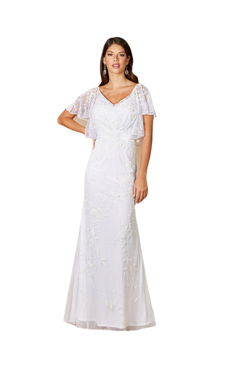 LARA New York Greyson Beaded Flutter Sleeve Wedding Dress, Alternate, color, Ivory