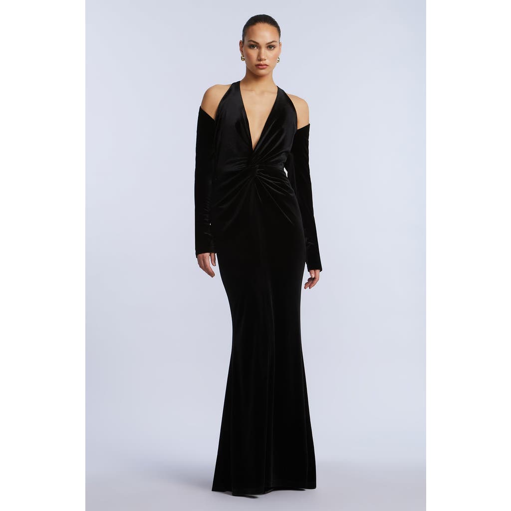 Bcbg Long Sleeve Halter Velvet Gown In Black