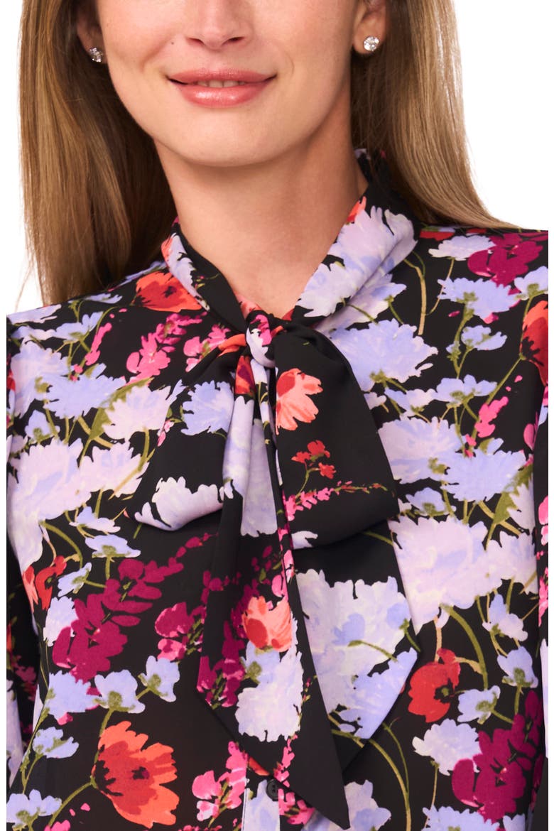 Floral Tie Neck Long Sleeve Button-Up Top, Alternate, color, RICH BLACK