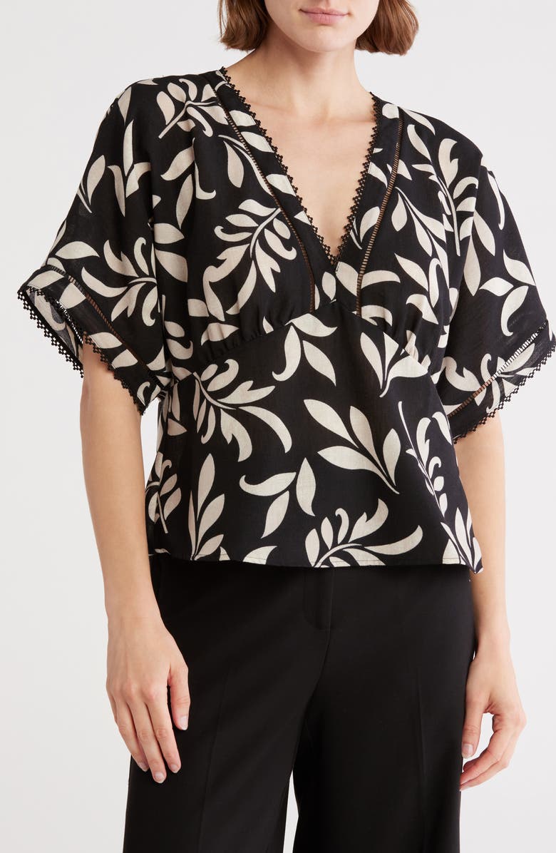 DR2 by Daniel Rainn Leaf Print Short Sleeve Top, Main, color, Black