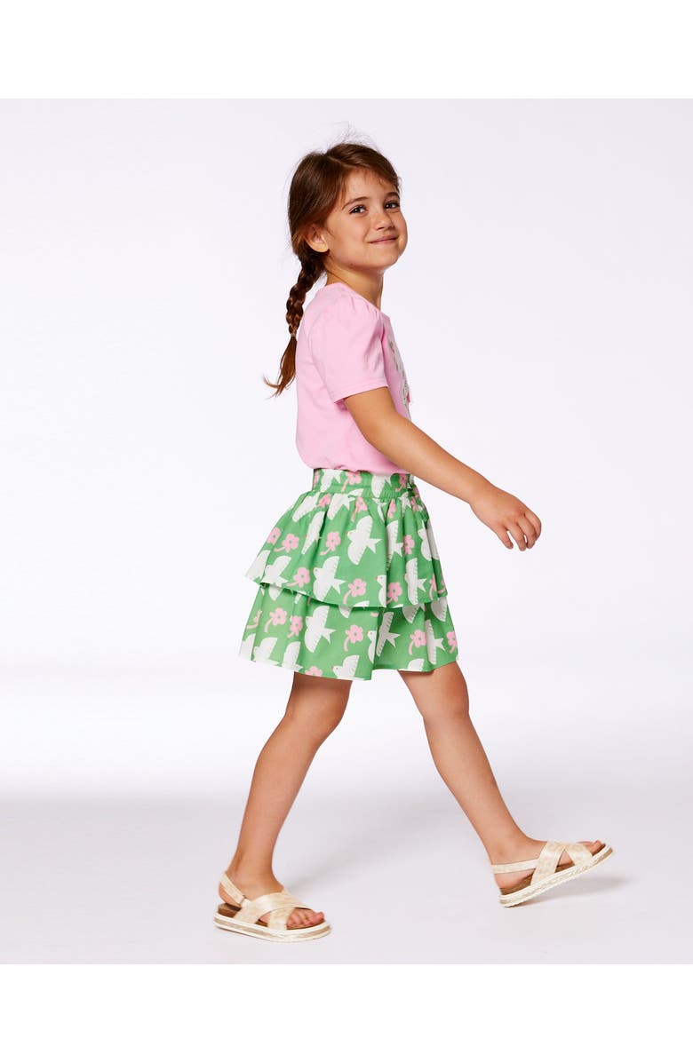Deux par Deux Girl's Tiered Elastic Waist Skirt Green With White And Pink Bird, Alternate, color, 