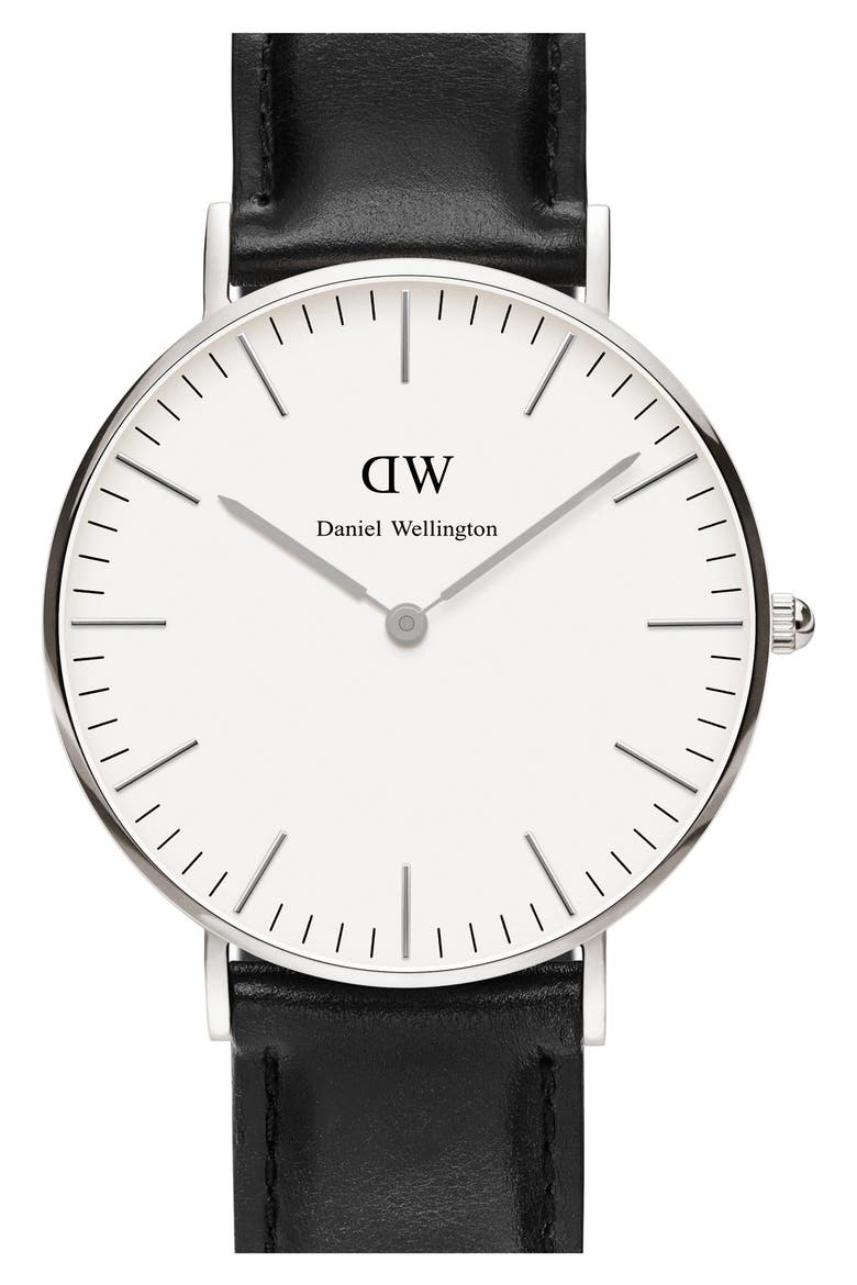 'Classic Sheffield' Leather Strap Watch, 36mm, Main, color, BLACK/ SILVER