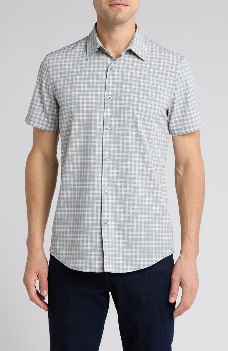 14th & Union Grid Print Short Sleeve Performance Button-Up Shirt, Main, color, Grey Blue Bill Grid