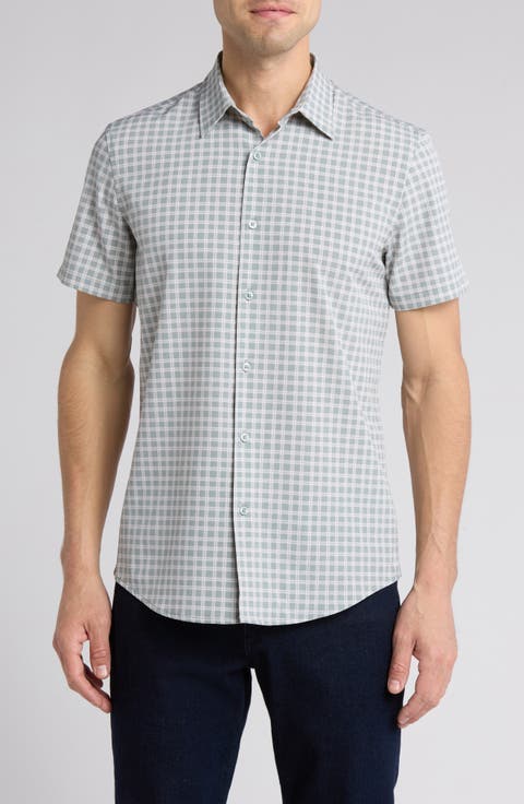 Grid Print Short Sleeve Performance Button-Up Shirt