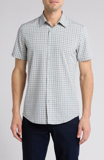 14TH & UNION 14TH & UNION GRID PRINT SHORT SLEEVE PERFORMANCE BUTTON-UP SHIRT