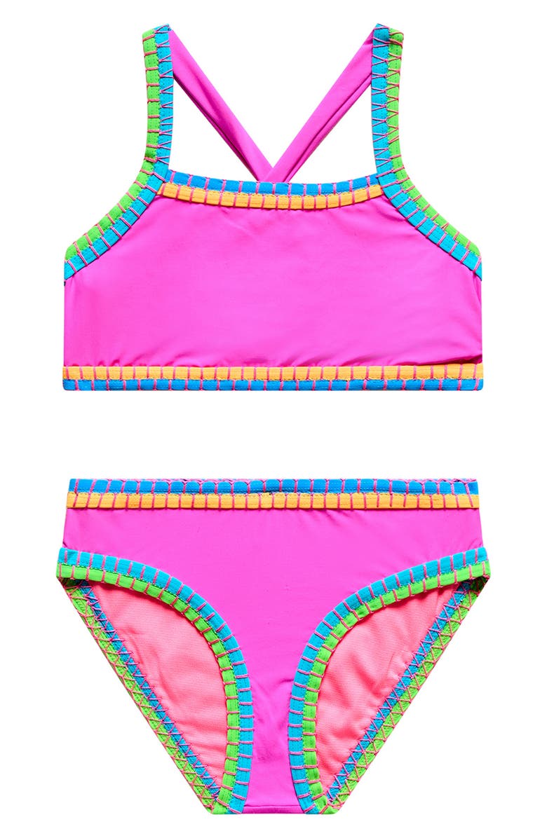 Beach Lingo Kids' Crisscross Embroidered Two-Piece Swimsuit, Main, color, Cyber Pink