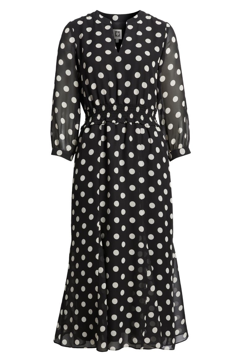 Polka Dot Smocked Waist Midi Dress, Alternate, color, ANNE BLACK/ ANNE WHITE (6NT)