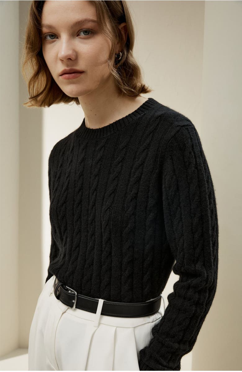Lilysilk Women's Classic Cable Knit Sweater with Ribbed Edges, Alternate, color, Black
