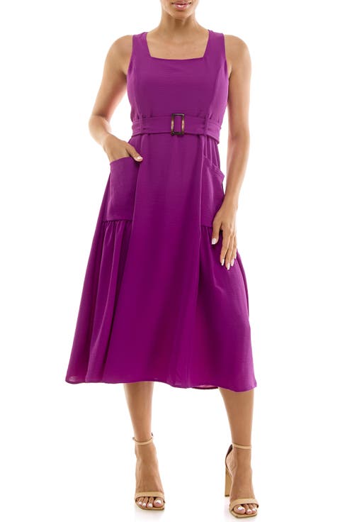 Square Neck Sleeveless Belted Midi Dress