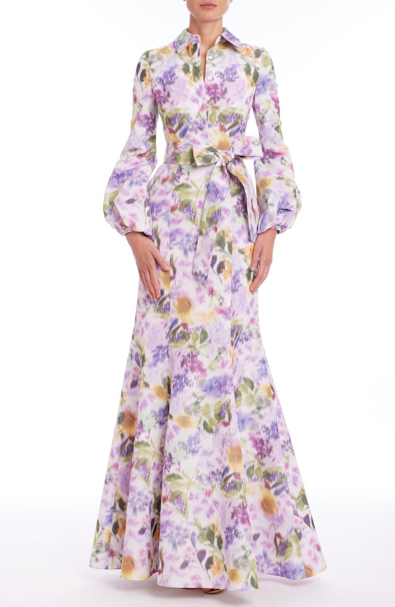 Badgley Mischka Collection Abstract Floral Long Sleeve Taffeta Mermaid Gown, Main, color, Lilac Multi