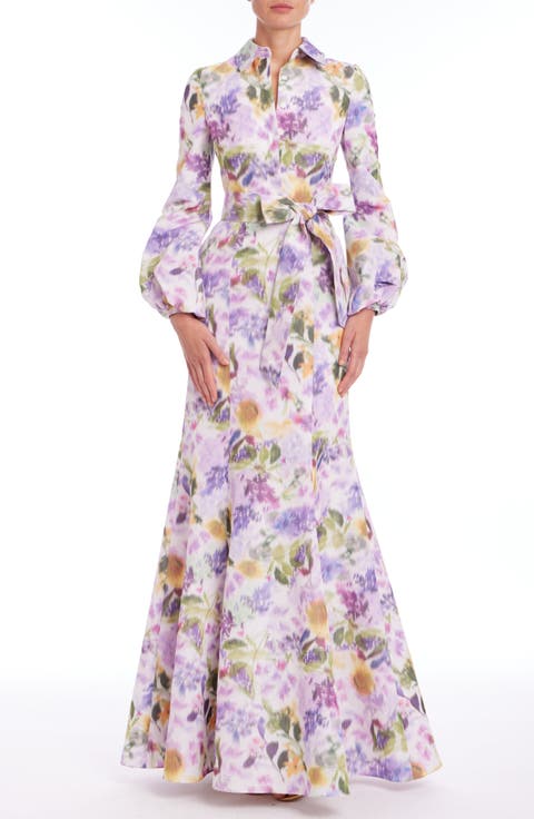 Abstract Floral Long Sleeve Taffeta Mermaid Gown