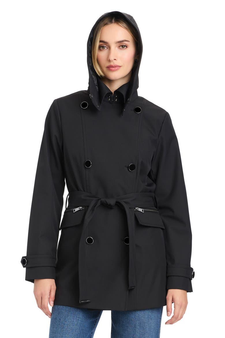 Double Breasted Hooded Trench Coat, Alternate, color, BLACK