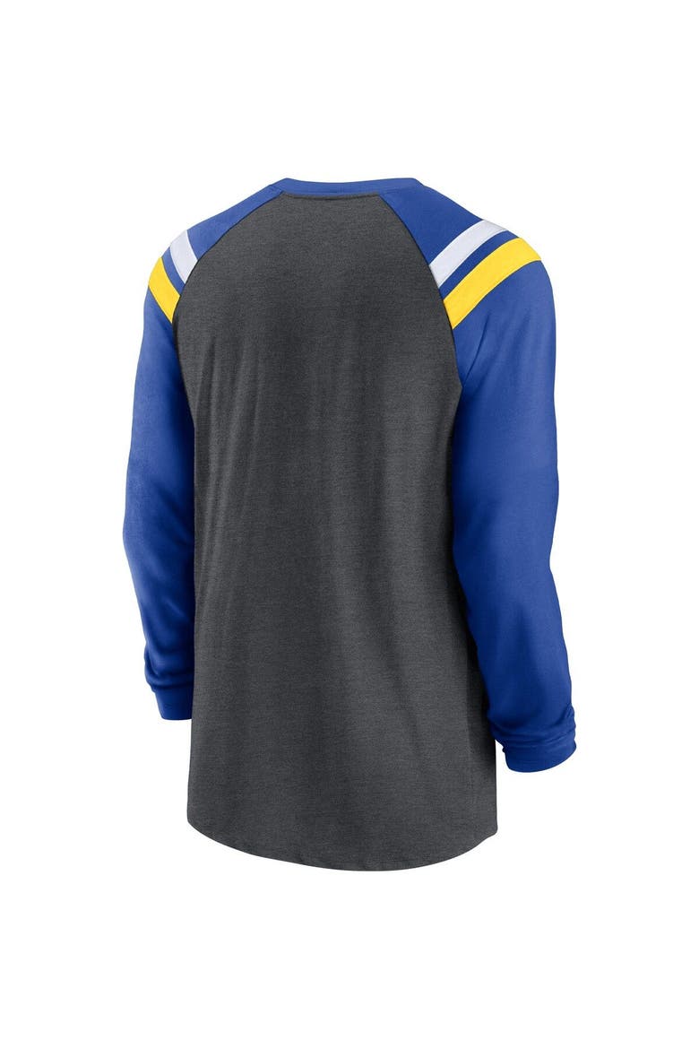 Men's Nike Heathered Charcoal/Royal Los Angeles Rams Tri-Blend Raglan Athletic Long Sleeve Fashion T-Shirt, Alternate, color, Heather Charcoal