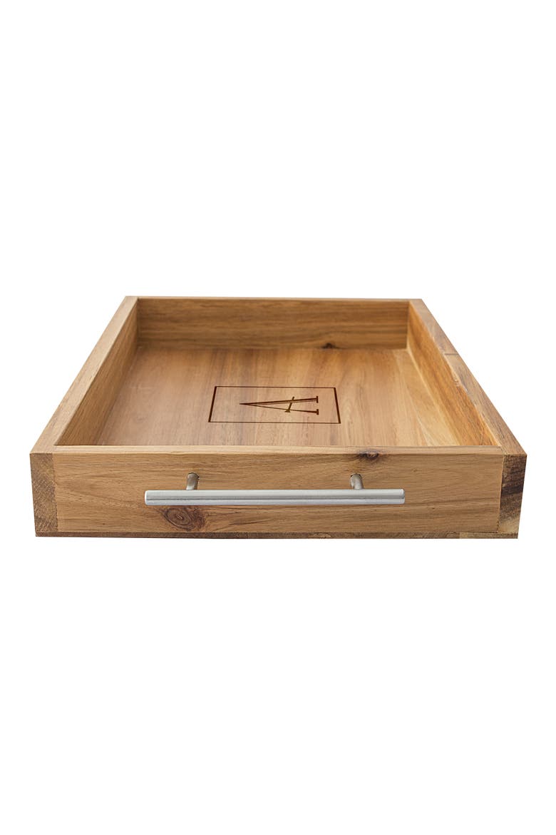 Monogram Acacia Tray with Metal Handles, Alternate, color, P