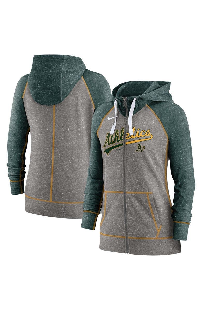 Nike Women's Nike Heathered Charcoal/Heathered Green Oakland Athletics Split Wordmark Gym Vintage Raglan Full-Zip Hoodie, Main, color, 