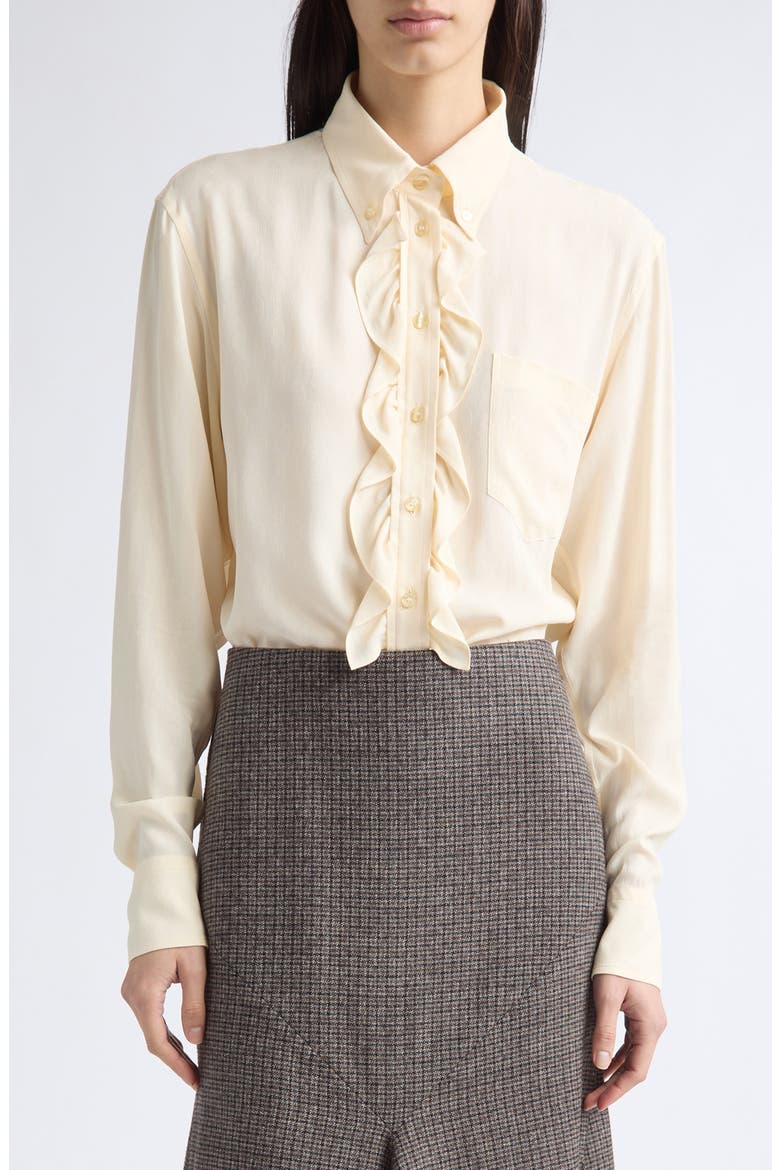 Ruffle Button Down Silk Blend Shirt, Main, color, BEIGE 3