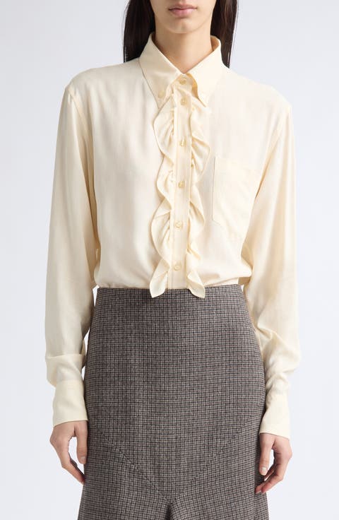Ruffle Button Down Silk Blend Shirt