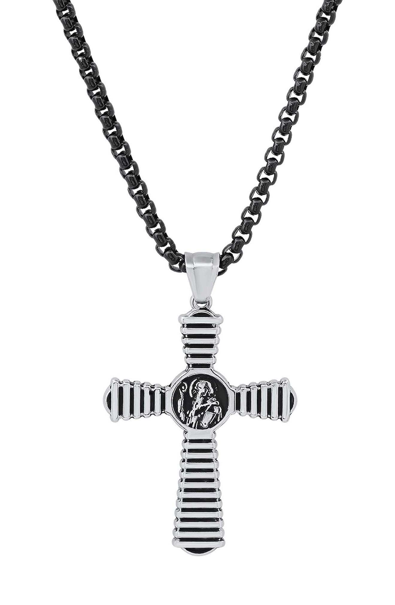 Men's Two-Tone Black Ion-Plated Cross Pendant Necklace