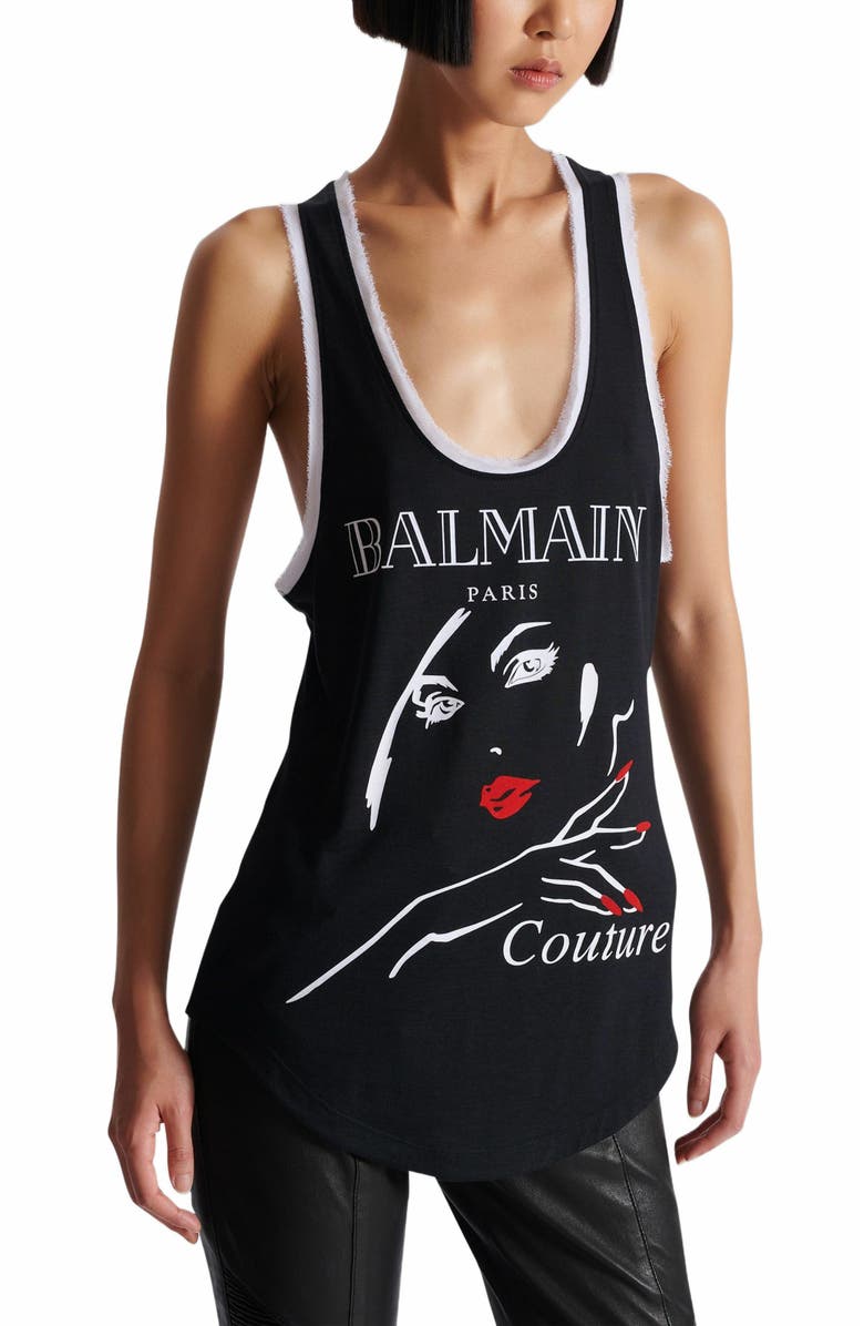 Balmain Flocked Relaxed Tank Top With Balmain Beauty Print, Alternate, color, Black