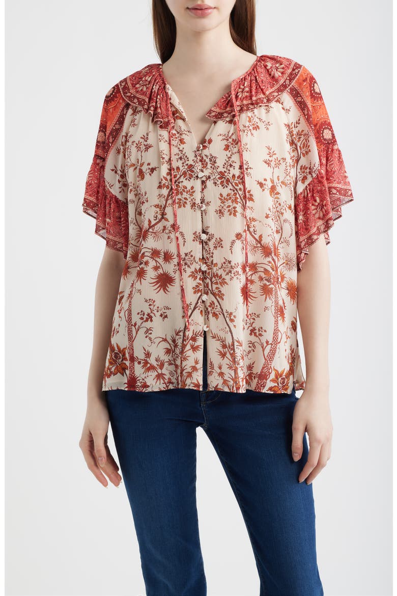 Verity Floral Print Flutter Sleeve Top, Main, color, BRIGHT CORAL MULTI