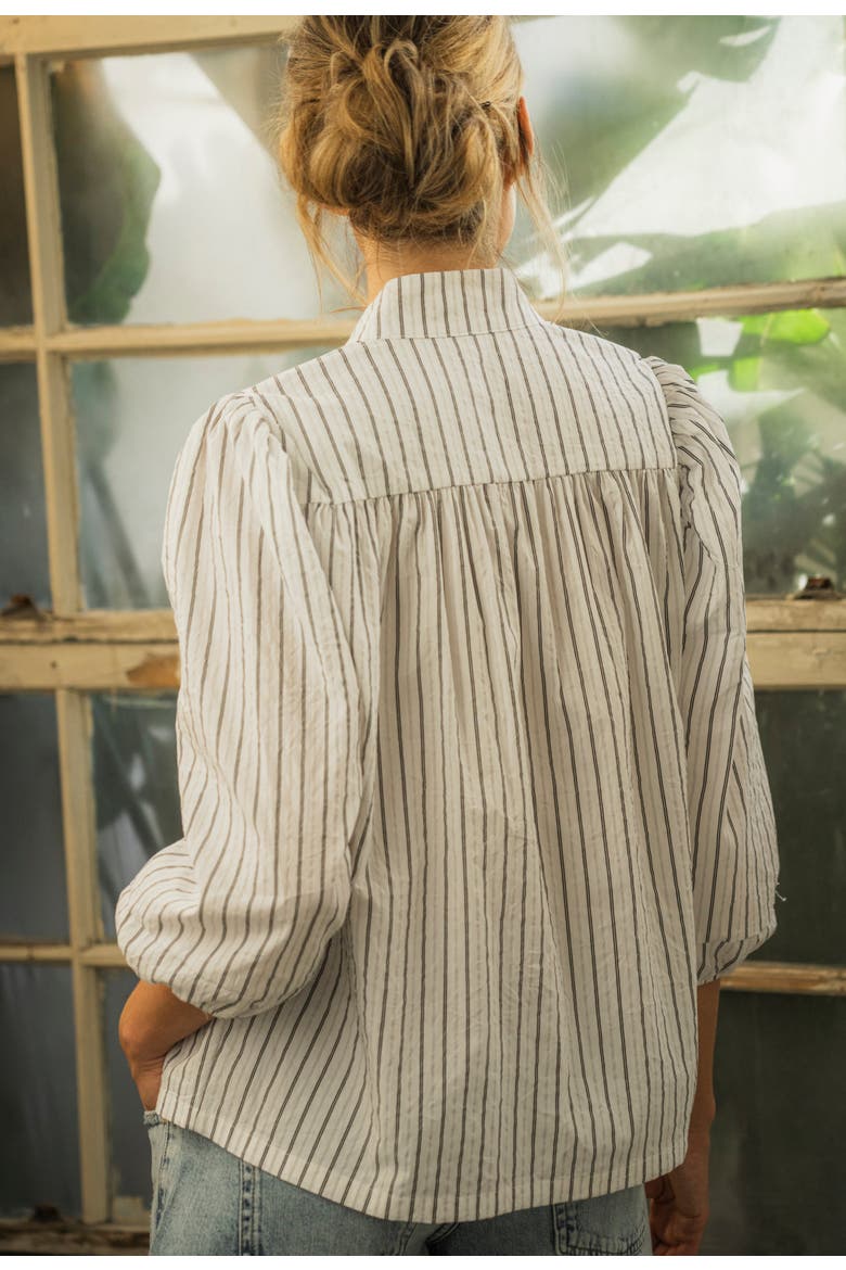 Mini Stripe Cotton Tie Neck 3/4 Sleeve Top, Alternate, color, Black and White Mini Stripe
