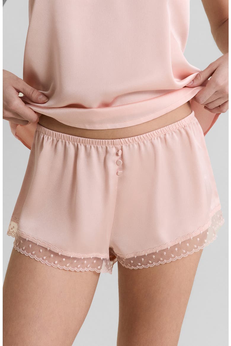 Plume Lace Trim Satin Shorts, Main, color, POWDER PINK