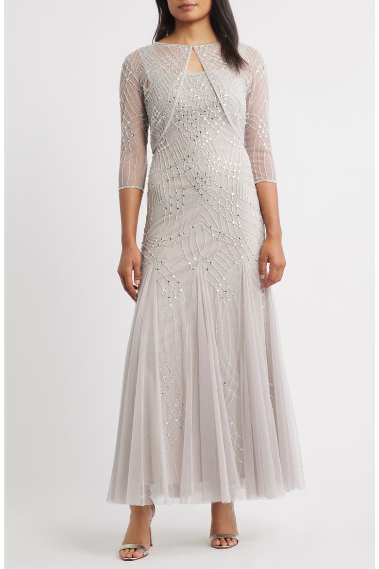 Beaded Gown with Long Sleeve Jacket, Main, color, SILVER