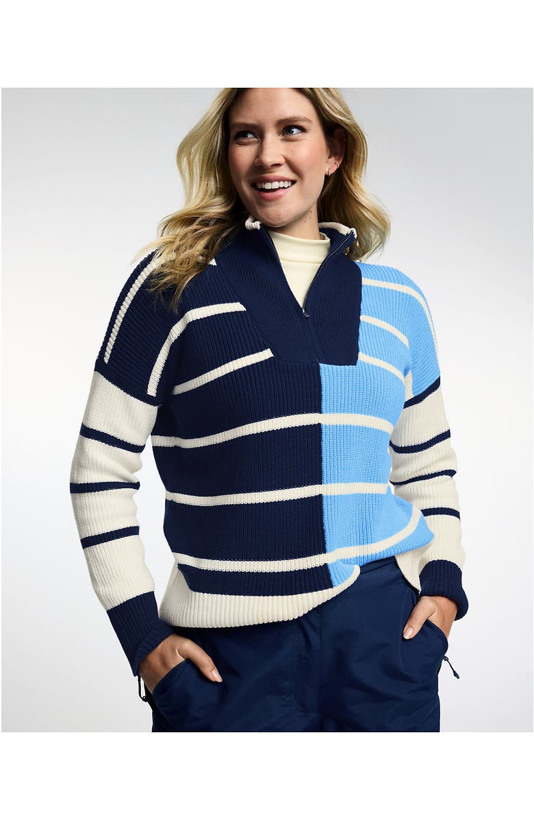Lands' End Drifter Cotton Quarter Zip Pullover Sweater, Alternate, color, Deep Sea/Fresh Ivory Stripe
