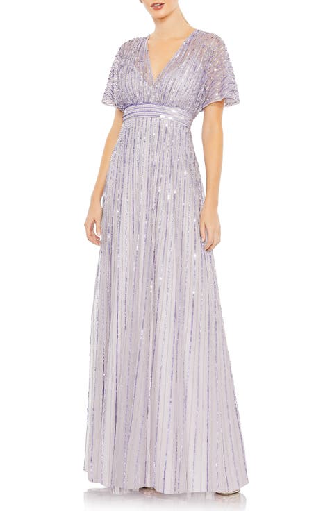 Sequined Butterfly Sleeve A Line Gown