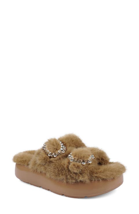 Fly Faux Fur Platform Slide Sandal (Women)