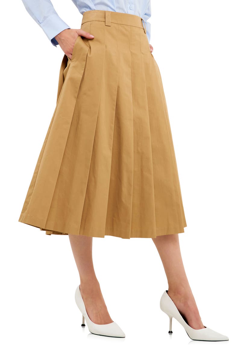Pleated Cotton Midi Skirt, Alternate, color, TAN