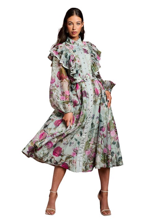 Long Sleeve Printed Organza Shirt Dress