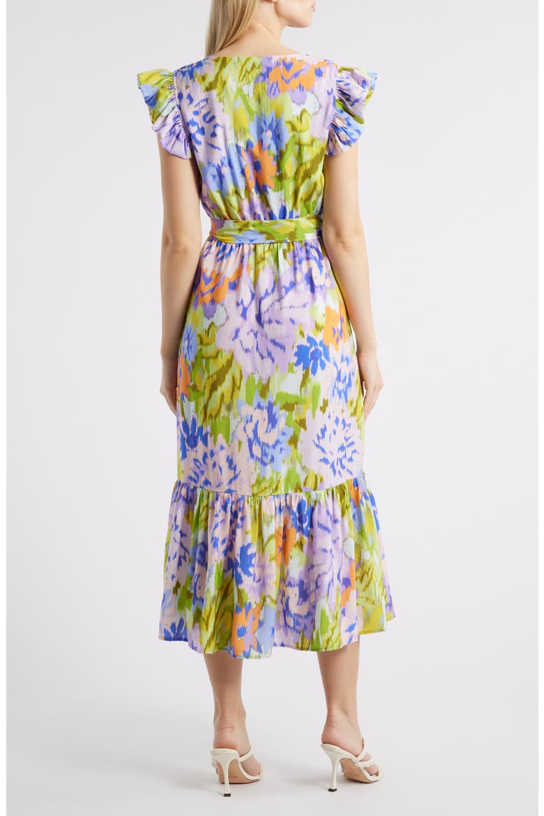Print Wrap Front Flutter Sleeve Midi Dress, Alternate, color, LAVENDER MULTI