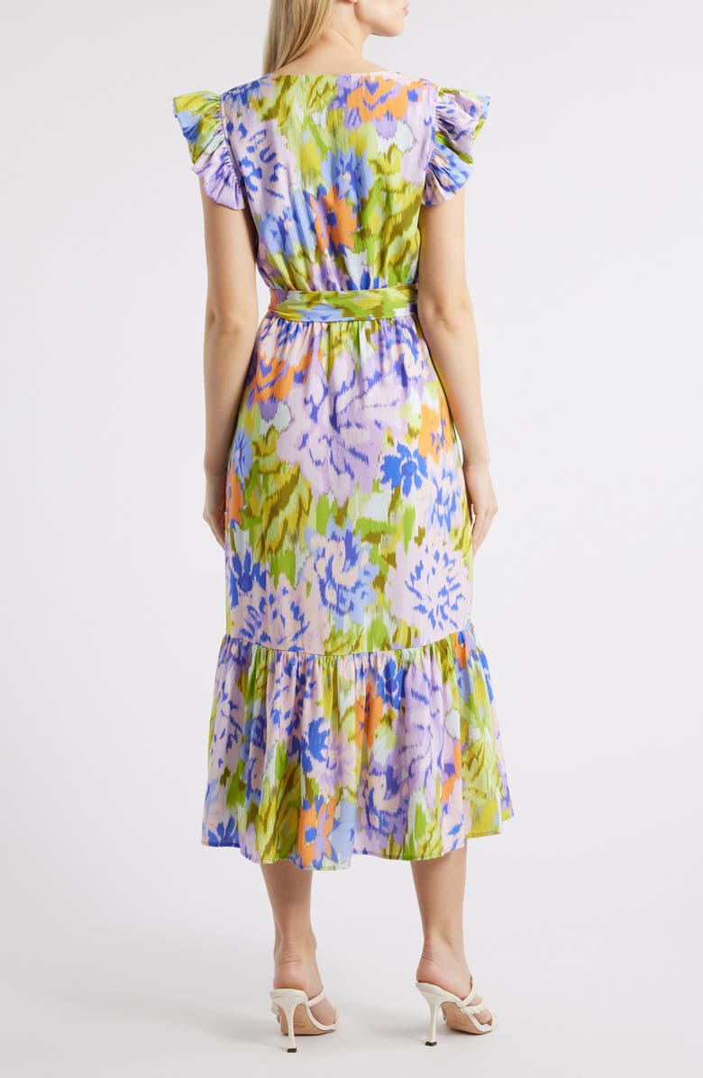 Sam Edelman Print Wrap Front Flutter Sleeve Midi Dress, Alternate, color, Lavender Multi