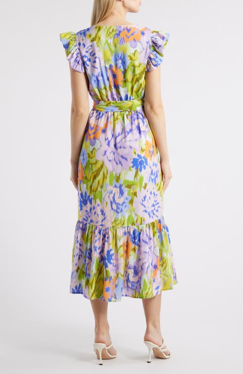 SAM EDELMAN SAM EDELMAN PRINT WRAP FRONT FLUTTER SLEEVE MIDI DRESS 