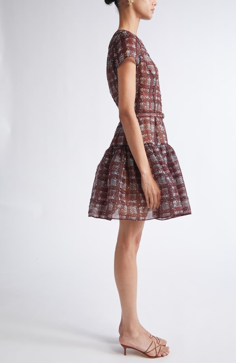 Oscar de la Renta Textured Plaid Drop Waist Dress, Alternate, color, Burgundy/ Blue
