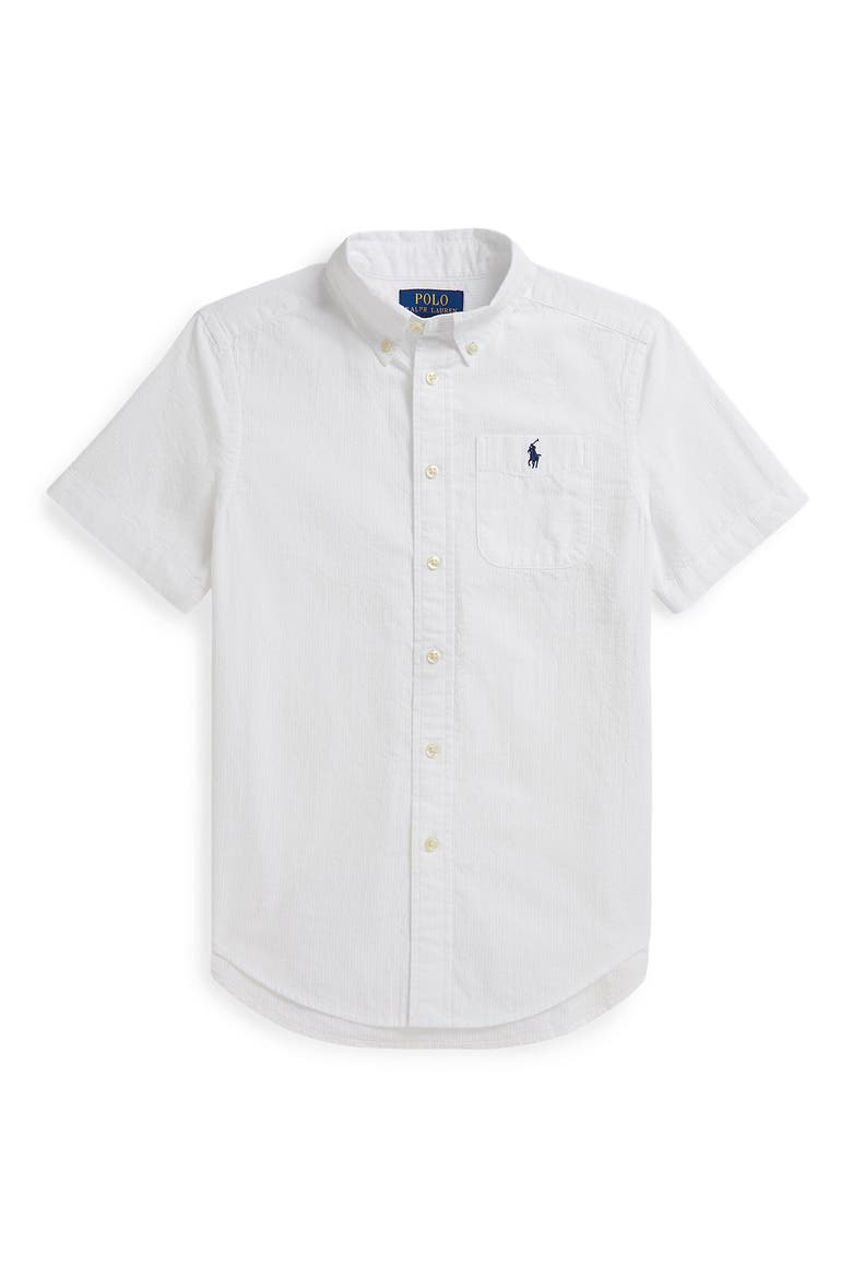 Kids' Short Sleeve Cotton Seersucker Button-Down Shirt, Main, color, WHITE