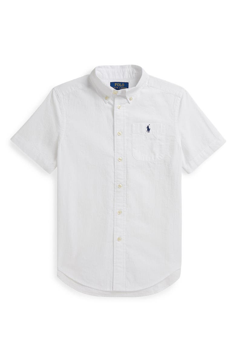 Polo Ralph Lauren Kids' Short Sleeve Cotton Seersucker Button-Down Shirt, Main, color, White/ Navy Pp