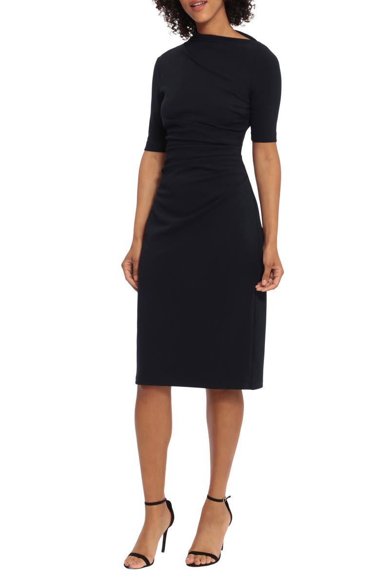 Maggy London Asymmetric Neck Sheath Midi Dress, Main, color, Twilight Navy Mno