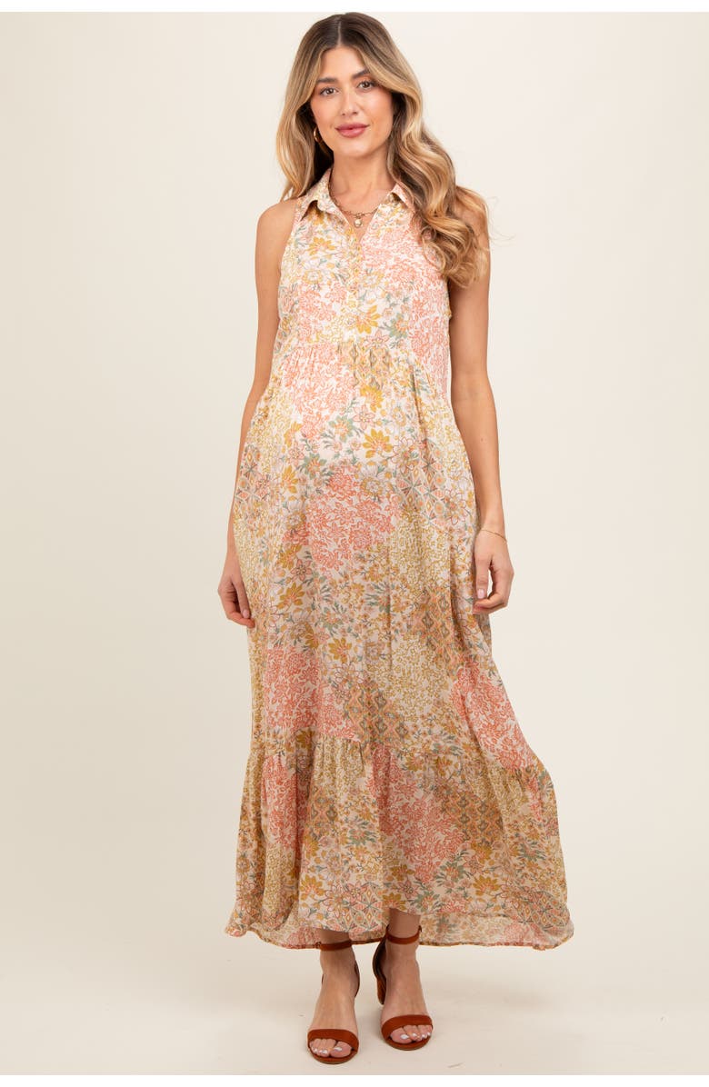 PinkBlush Floral Sleeveless Button Tiered Collared Maxi Dress, Main, color, Peach