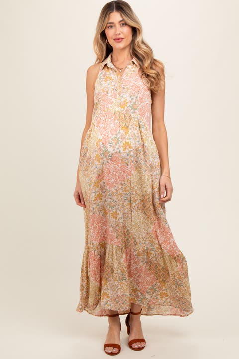 Floral Sleeveless Button Tiered Collared Maxi Dress